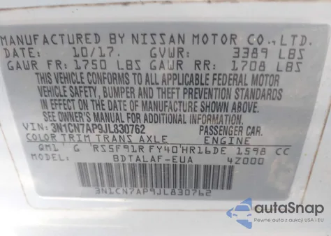 2018 Nissan Versa 1.6 S from USA, damaged, VIN 3N1CN7AP9JL830762